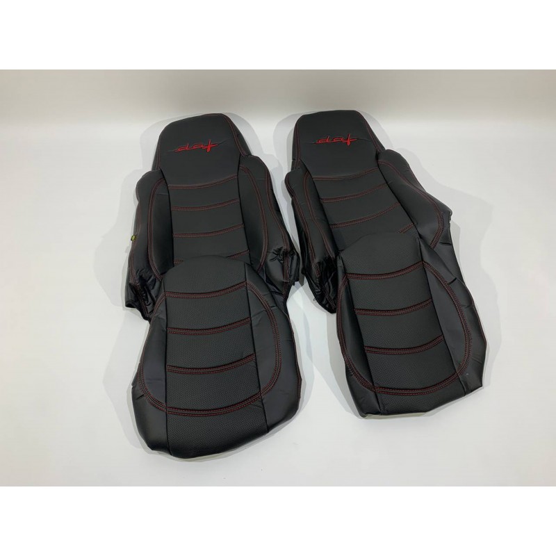 Набор чехлов для сидений DAF XF95 - XF105 из эко кожи черного цвета с прошивкой красной нитью