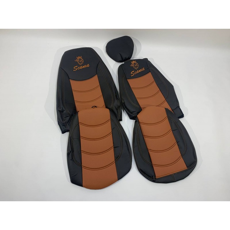 Набор чехлов для сидений SCANIA R-G 420 (все низкие) из эко кожи черного цвета с коричневыми вставками
