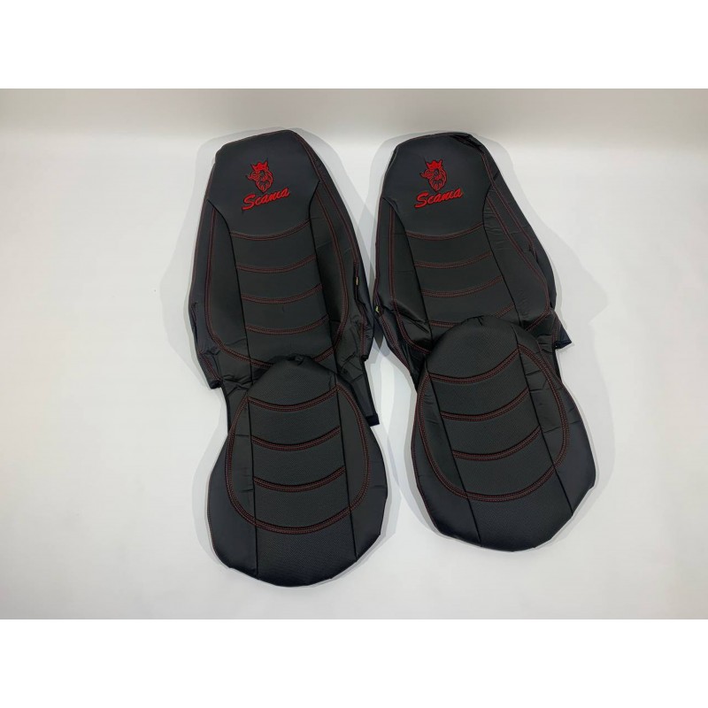 Набор чехлов для сидений SCANIA R-G 420 (высокое и низкое) из эко кожи черного цвета с прошивкой красной нитью