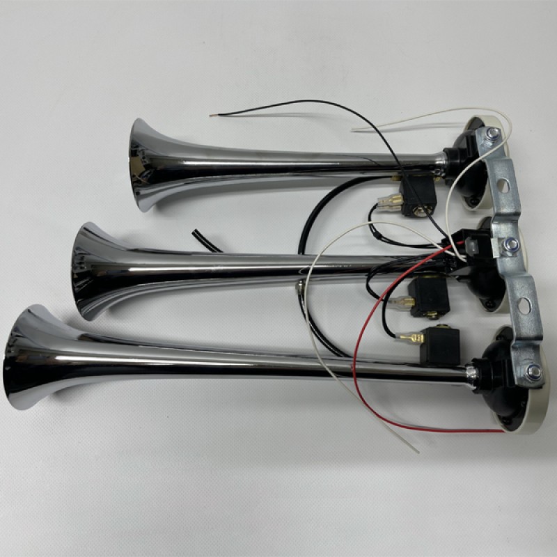 Пневмо-электрический сигнал 12V-24V в хромированном корпусе с тремя горнами