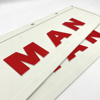 Брызговик на крыло с красной надписью "MAN" Белый (600X180)