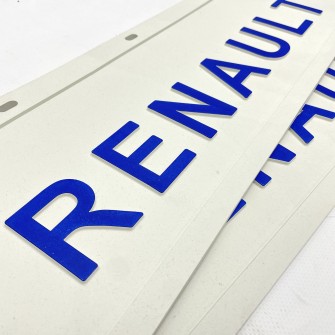 Брызговик на крыло с синей надписью "RENAULT" Белый (600X180)